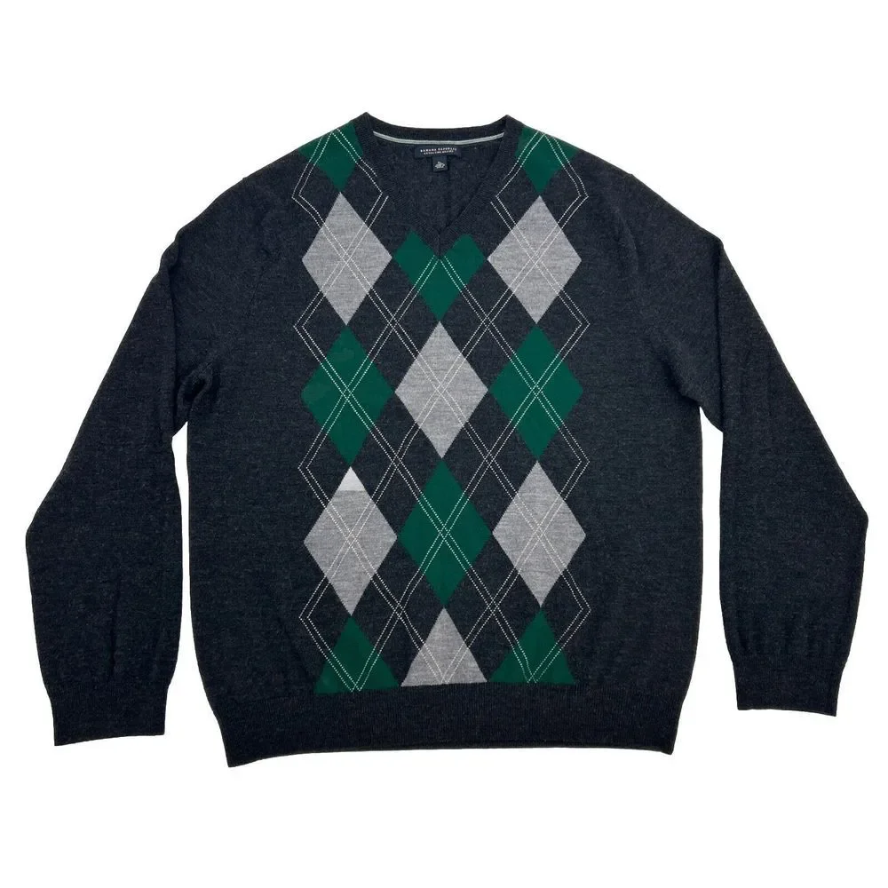 Banana Republic Sweater Men's XL Gray Argyle V-Neck Pullover 100% Merino Wool